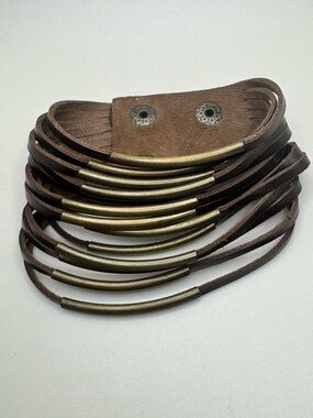 Brown Multi Strand Wrap Bracelet Boho Faux Leather Brass Tone